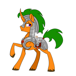 Size: 2000x2000 | Tagged: safe, alternate version, artist:chelseawest, oc, oc only, oc:bookworm, pony, unicorn, armor, curved horn, high res, male, one hoof raised, raised hoof, simple background, solo, stallion, transparent background, unshorn fetlocks