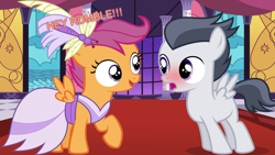 Size: 1920x1080 | Tagged: safe, rumble, scootaloo, pony, blushing, clothes, dress, female, male, rumbloo, shipping, straight