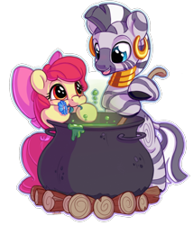 Size: 1200x1400 | Tagged: safe, artist:bobdude0, apple bloom, zecora, earth pony, pony, zebra, adorabloom, cauldron, cute, female, filly, flower, mouth hold, simple background, smiling, zecorable