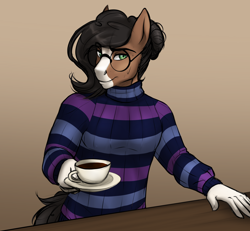 Size: 3252x3000 | Tagged: safe, artist:askbubblelee, oc, oc only, oc:walter nutt, anthro, earth pony, anthro oc, clothes, cup, glasses, looking at you, male, plate, solo, stallion, striped sweater, sweater