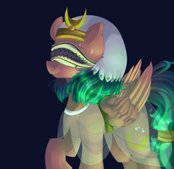 Size: 1853x1798 | Tagged: safe, artist:neonishe, somnambula, daring done?, blindfold, folded wings, raised hoof, simple background, solo, sweat, sweatdrop