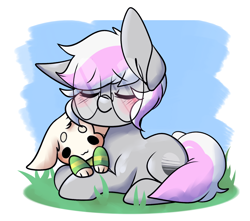 Size: 1280x1129 | Tagged: safe, artist:mimisaurusrex, oc, oc:jannie daze, asriel dreemurr, blushing, cute, cutie mark, glasses, grass, hug, lying down, multicolored hair, plushie, simple background, sleeping, undertale