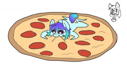 Size: 2000x1090 | Tagged: safe, artist:neoncel, oc, oc only, oc:raven mcchippy, chibi, cute, eating, food, meat, pepperoni, pepperoni pizza, pizza, solo