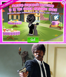 Size: 600x700 | Tagged: safe, human, pony, my little pony: the movie, bodyguard, clothes, comparison, gameloft, jules winnfield, movie reference, ponified, pulp fiction, samuel l jackson, sunglasses, whinnyfield