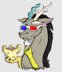 Size: 1708x1966 | Tagged: safe, artist:heniek, discord, draconequus, 3d glasses, chest fluff, food, head, popcorn, simple background, solo