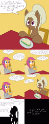 Size: 1600x4000 | Tagged: safe, artist:jake heritagu, scootaloo, oc, oc:sandy hooves, pony, comic:ask motherly scootaloo, chair, comic, food, hairpin, motherly scootaloo, plate, sandwich, silhouette, sweatshirt, table