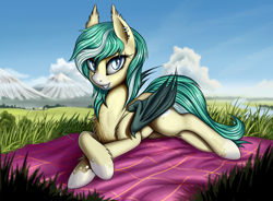 Size: 3342x2454 | Tagged: safe, artist:lightly-san, oc, oc only, oc:icy breeze, bat pony, bat pony oc, crossed hooves, female, grass, grin, looking at you, mountain, picnic blanket, prone, smiling, solo