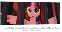 Size: 640x333 | Tagged: safe, twilight sparkle, twilight sparkle (alicorn), alicorn, my little pony: the movie, spoiler:my little pony movie the junior novel, book, cage, cropped, imprisoned, shocked, solo