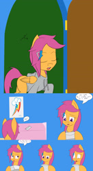 Size: 2400x4400 | Tagged: safe, artist:jake heritagu, scootaloo, pony, comic:ask motherly scootaloo, bed, comic, envelope, hairpin, letter, motherly scootaloo, poster, sweatshirt