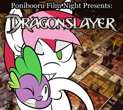 Size: 1000x900 | Tagged: safe, artist:daisyhead, spike, oc, oc:flicker, dragon, pony, dragonslayer, duo, female, hero quest, male, mare, noogie, ponibooru film night