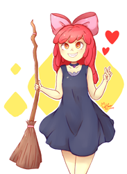 Size: 1100x1500 | Tagged: safe, artist:pika-chany, apple bloom, human, adorabloom, apple bloom's bow, bow, broom, clothes, cosplay, costume, cute, dress, hair bow, heart, humanized, kiki's delivery service, peace sign, smiling, solo