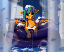 Size: 3240x2622 | Tagged: safe, artist:rokufuro, oc, oc only, oc:naarkerotics, pegasus, pony, cute, pegasus oc, smiling, soap, soap bubble, solo, swimming pool, unshorn fetlocks, wet mane, wings, ych result