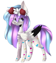 Size: 3451x3843 | Tagged: safe, artist:hyshyy, oc, oc only, oc:grace, pegasus, pony, clothes, colored wings, female, floral head wreath, flower, high res, mare, multicolored wings, scarf, simple background, solo, transparent background