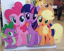 Size: 3027x2448 | Tagged: safe, applejack, pinkie pie, spike, twilight sparkle, twilight sparkle (alicorn), alicorn, dragon, applejack's hat, cardboard cutout, cowboy hat, hat, irl, my little pony through the years, photo