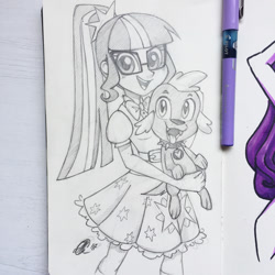 Size: 1080x1080 | Tagged: safe, artist:antych, sci-twi, spike, spike the regular dog, twilight sparkle, dog, equestria girls, cute, glasses, looking at you, open mouth, smiling, traditional art