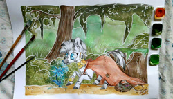 Size: 1816x1036 | Tagged: safe, artist:woonborg, zecora, zebra, bracelet, cheek fluff, chest fluff, cloak, clothes, ear fluff, ear piercing, female, flower, forest, frown, jewelry, looking down, neck rings, outdoors, paintbrush, piercing, poison joke, signature, solo, standing, traditional art, tree, watercolor painting