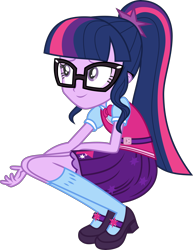 Size: 3000x3878 | Tagged: safe, artist:uponia, sci-twi, twilight sparkle, dance magic, equestria girls, spoiler:eqg specials, bowtie, clothes, female, glasses, kneeling, mary janes, ponytail, shoes, simple background, skirt, smiling, socks, solo, transparent background, vector