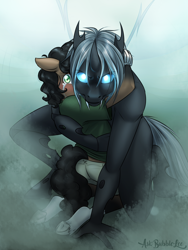 Size: 3000x4000 | Tagged: safe, artist:askbubblelee, oc, oc only, oc:imago, oc:walter nutt, anthro, changeling, earth pony, unguligrade anthro, anthro oc, changeling oc, clothes, crying, duo, fangs, female, looking at you, male, mare, protecting, serious, serious face, shirt, story in the source