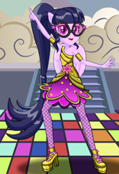 Size: 354x518 | Tagged: safe, artist:unicornsmile, sci-twi, twilight sparkle, dance magic, equestria girls, spoiler:eqg specials, clothes, dress, glasses, high heels, looking at you, ponied up, scitwilicorn, shoes, smiling, solo, starsue, wings