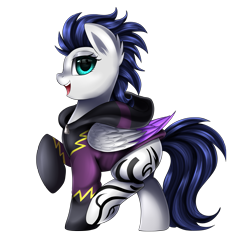 Size: 2459x2406 | Tagged: safe, artist:pridark, oc, oc only, oc:switch, oc:switch storm, pegasus, pony, clothes, colored wings, colored wingtips, commission, costume, female, hoodie, mare, multicolored wings, open mouth, shadowbolts, shadowbolts costume, simple background, smiling, solo, sweater, transparent background