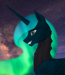 Size: 1700x1950 | Tagged: safe, artist:perlen, oc, oc only, oc:princess perlen, alicorn, pony, alicorn oc, aurora borealis, bedroom eyes, collar, fangs, female, green eyes, latex, mare, night, night sky, posture collar, sky, solo, stars