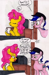 Size: 1306x1977 | Tagged: safe, artist:newyorkx3, oc, oc only, oc:karen, oc:mikey, earth pony, pony, unicorn, comic, dialogue, female, hat, husband and wife, kakey, male, married couple, oc x oc, shipping, speech bubble, straight, traditional art