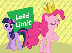 Size: 1046x768 | Tagged: artist needed, safe, edit, pinkie pie, twilight sparkle, earth pony, pony, unicorn, activity, eyes closed, family fun activity, female, game, mare, queen pink and the ducky, raised hoof, veggietales