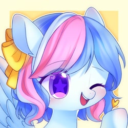 Size: 1500x1500 | Tagged: safe, artist:leafywind, oc, oc only, pegasus, pony, bow, female, hair bow, heart, mare, one eye closed, open mouth, open smile, smiling, solo, starry eyes, wingding eyes, wink