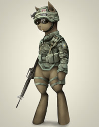 Size: 1245x1600 | Tagged: dead source, safe, artist:pig-fish, oc, oc only, pony, assault rifle, bipedal, cigarette, clothes, gun, helmet, m16, rifle, smoking, soldier, solo, standing, weapon