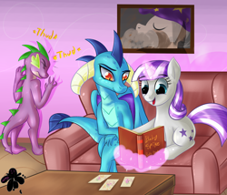 Size: 3500x3000 | Tagged: safe, artist:katakiuchi4u, princess ember, spike, twilight velvet, dragon, pony, unicorn, baby pictures, book, commission, dragoness, embarrassed, emberspike, eyes closed, female, levitation, magic, male, mare, mother and child, mother and son, older, older spike, parent and child, picture, shipping, sitting, smiling, sofa, spike's family, straight, telekinesis, thud, trio