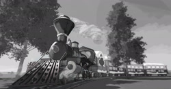 Size: 3000x1568 | Tagged: safe, artist:owlvortex, friendship express, grayscale, monochrome, no pony, train