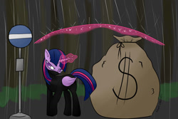 Size: 1500x1000 | Tagged: safe, artist:cruelunicorn, twilight sparkle, twilight sparkle (alicorn), alicorn, pony, bank robbery, catsuit, crossover, female, force field, glowing horn, magic, mare, money bag, my neighbor totoro, rain, solo