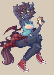 Size: 950x1324 | Tagged: safe, artist:trgreta, oc, oc only, oc:ventress, anthro, bat pony, plantigrade anthro, armpits, clothes, converse, full body, jeans, pants, ripped jeans, ripped pants, shoes, solo