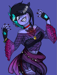 Size: 571x758 | Tagged: safe, artist:anonymoustrollf4c3, oc, oc only, oc:moonshine twinkle, alicorn amulet, belly button, blue background, bracelet, choker, clothes, crazy face, ear piercing, earring, faic, female, fingerless gloves, fishnet clothing, gloves, insanity, jewelry, lipstick, makeup, midriff, nail polish, necklace, piercing, simple background, solo