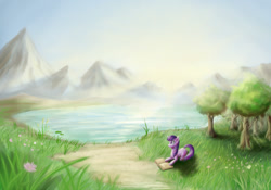 Size: 1000x700 | Tagged: safe, artist:zetamad, twilight sparkle, pony, unicorn, book, dawn, flower, grass, lake, mountain, path, scenery, solo, sun, tree, water lily