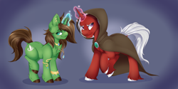 Size: 1600x800 | Tagged: safe, artist:pvrii, oc, oc only, oc:blood rite, oc:swan song, pony, unicorn, cloak, clothes, female, magic, male, mare, stallion