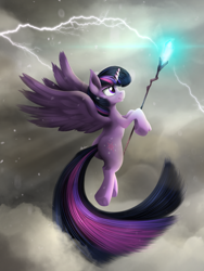 Size: 1688x2250 | Tagged: safe, artist:blackligerth, twilight sparkle, twilight sparkle (alicorn), alicorn, pony, my little pony: the movie, cloud, female, lightning, mare, solo, staff, staff of sacanas, storm