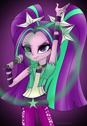 Size: 1024x1471 | Tagged: safe, artist:lavenderrain24, aria blaze, equestria girls, rainbow rocks, clothes, female, gem, microphone, siren gem, smiling, solo, watermark