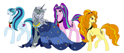 Size: 6007x2600 | Tagged: safe, artist:westphalianartist, adagio dazzle, aria blaze, sonata dusk, star swirl the bearded, pony, unicorn, adult, beard, bedroom eyes, choker, cloak, clothes, cutie mark, daddy star swirl, eyes closed, facial hair, female, fluffy mane, gem, long mane, looking back, male, mare, moon, old, older, over the shoulder, pigtails, ponified, ponytail, raised hoof, simple background, smiling, stallion, stars, the dazzlings, transparent background, wizard