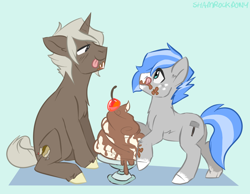 Size: 1372x1064 | Tagged: safe, artist:shamrockpony, oc, oc only, oc:frozen mudslide, oc:silver shaper, earth pony, pony, unicorn, cherry, chocolate, colt, food, ice cream, male, silverslide, stallion, sundae, tongue out