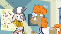 Size: 1920x1080 | Tagged: safe, screencap, doctor muffin top, zecora, earth pony, pony, zebra, a health of information, clothes, glasses, plot, stare, stethoscope, swamp fever, test tube