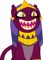 Size: 4280x5923 | Tagged: safe, artist:frownfactory, sphinx (character), sphinx, daring done?, .svg available, crown, cute, evil, evil grin, evil laugh, female, grin, jewelry, laughing, necklace, regalia, sharp teeth, simple background, smiling, solo, sphinxdorable, svg, teeth, transparent background, vector