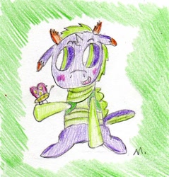 Size: 577x603 | Tagged: safe, artist:ptitemouette, butterfly, gay, interspecies offspring, magical gay spawn, male, next generation, parent:spike, parent:thorax, parents:thoraxspike, shipping, thoraxspike, traditional art