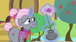 Size: 1920x1080 | Tagged: safe, screencap, pony, unicorn, shadow play, bowtie, clothes, curved horn, elderly, female, flower, glowing horn, hair bun, levitation, magic, mare, mistmane's flower, old gardener, potted plant, shirt, tail bun, telekinesis, tree