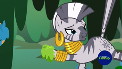 Size: 1366x768 | Tagged: safe, screencap, zecora, pony, zebra, a health of information, criss cross moss, everfree forest, lip bite, looking at you, moss, muck, not what it looks like, out of context, swamp, tail, tail pull