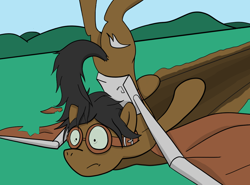 Size: 1148x851 | Tagged: safe, artist:cobaltsketch, oc, oc only, oc:metallic alloy wing, earth pony, pony, crash, cutie mark, goggles, prosthetic wing, prosthetics, shocked expression, simple background, solo, story included, twilight sparkle's secret shipfic folder