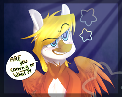 Size: 3667x2905 | Tagged: safe, artist:swoopypoolin, oc, oc only, oc:khaos sparkz, pegasus, pony, cute, fiesty, grin, pinto, raised eyebrow, smiling, solo, speech bubble, ych result