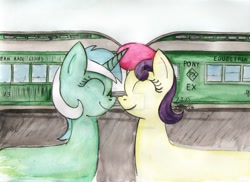 Size: 1024x744 | Tagged: safe, artist:kittyrinnaiko, bon bon, lyra heartstrings, sweetie drops, boop, eyes closed, female, inktober, lesbian, lyrabon, nose wrinkle, noseboop, shipping, train, watermark