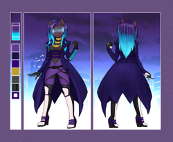 Size: 4856x4000 | Tagged: safe, artist:wildpaper, oc, oc only, oc:dawn sentry, anthro, bat pony, bodysuit, boots, clothes, cyberpunk, dyed mane, reference sheet, shoes, solo, trenchcoat, visor