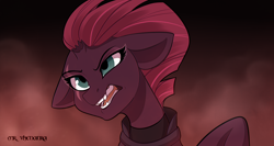 Size: 1500x800 | Tagged: safe, artist:mrvhenanra, tempest shadow, pony, unicorn, my little pony: the movie, armor, broken horn, bust, eye scar, female, floppy ears, mare, open mouth, open up your eyes, scar, solo